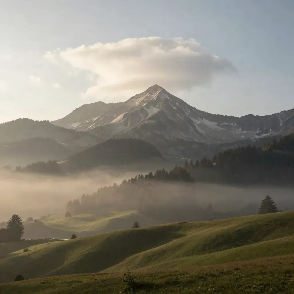 Der Säntis über der St. Galler Hügellandschaft im weichen Wolkenlicht