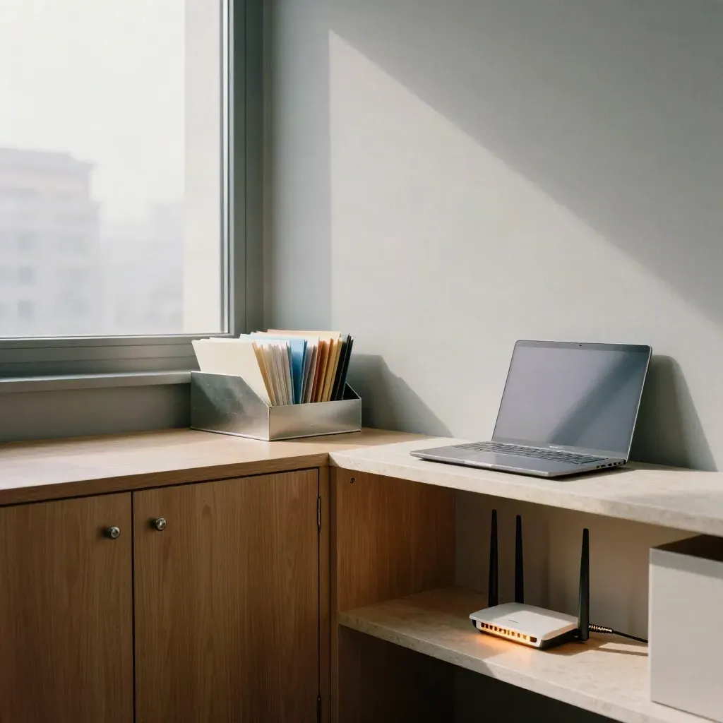 Zürcher Startup-Büroecke mit Schrank, Ablage, Laptop, Ordnern und leuchtendem Router