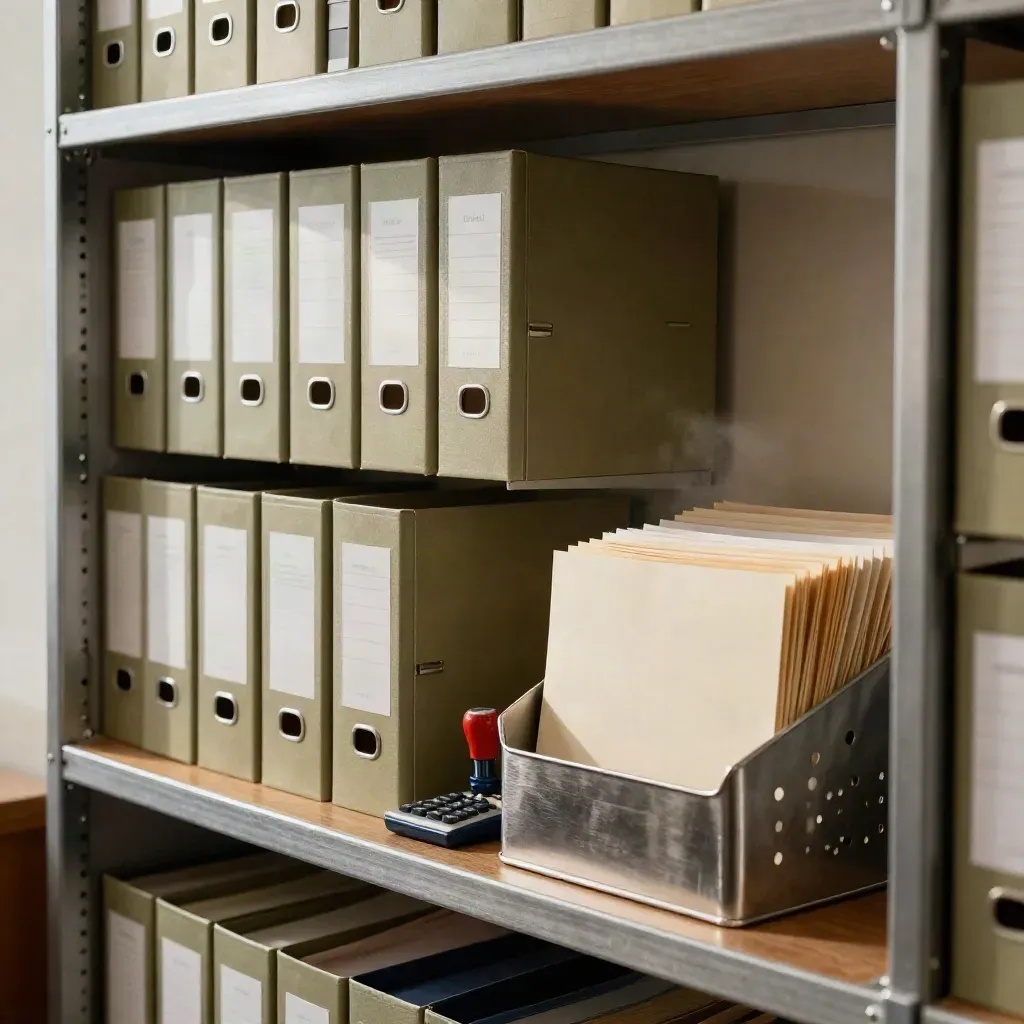 Aufgeräumtes Buchhaltungsregal mit Akten, Belegboxen, Rechner und Stempel im dramatischen Licht.