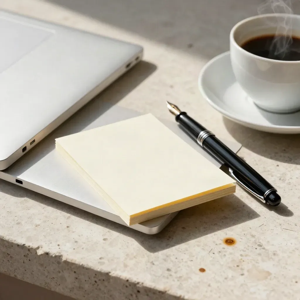 Schreibtisch-Arrangement mit Laptop, Notizkarten, Füller und Kaffeetasse auf hellem Stein.