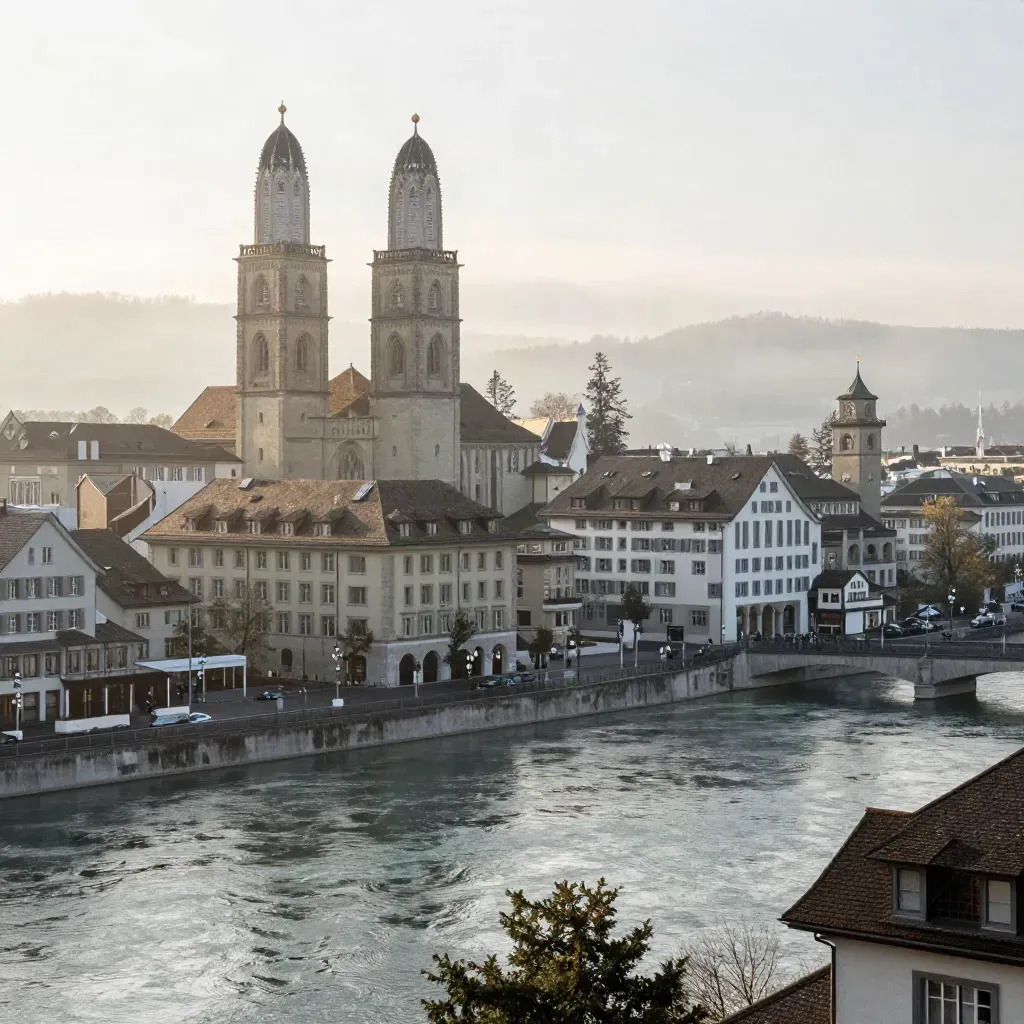 Zürich mit Grossmünster-Türmen über der Limmat im warmen Nachregenlicht