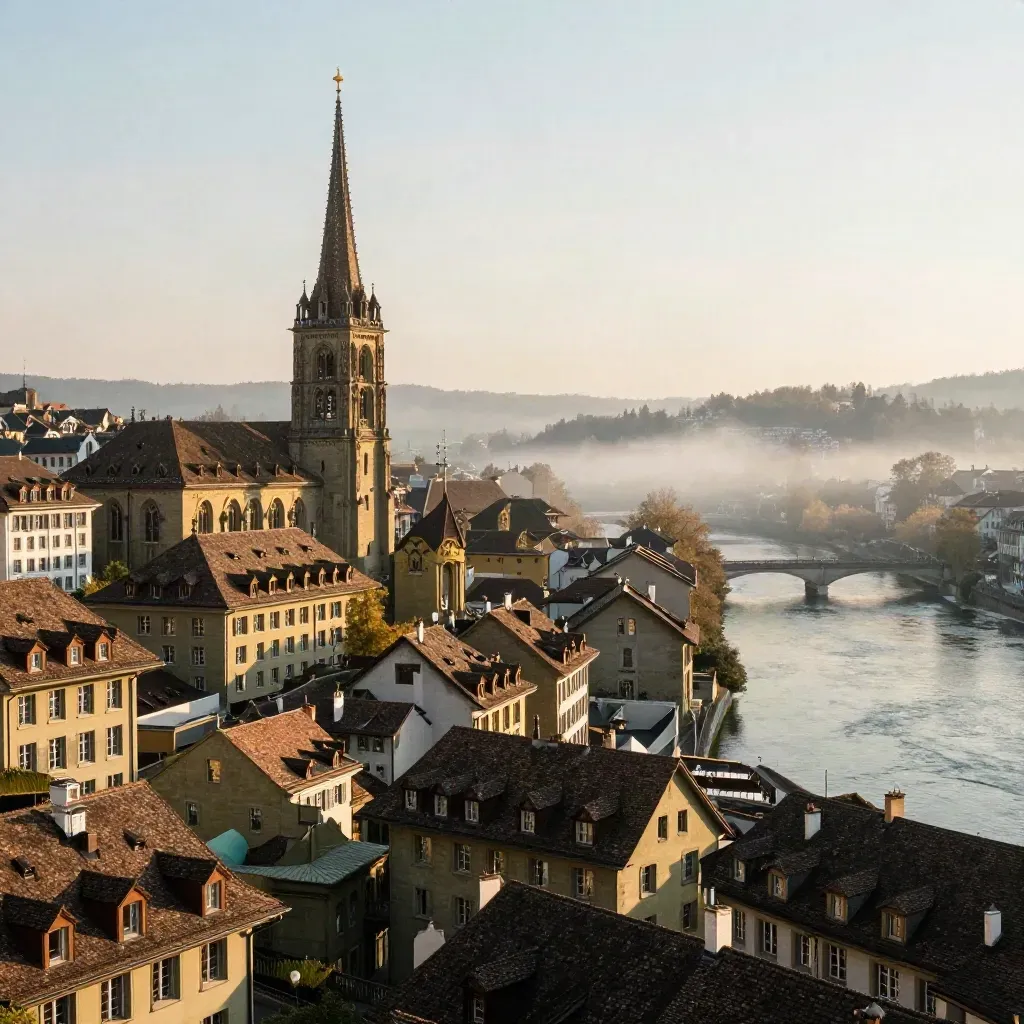 Berns Altstadt mit Münster und Aare im warmen Abendlicht, darüber feiner Dunst