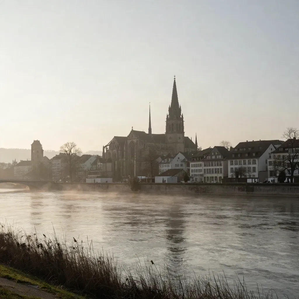 Basels Münster über dem stillen Rhein in Abenddunst, silbrig und weit